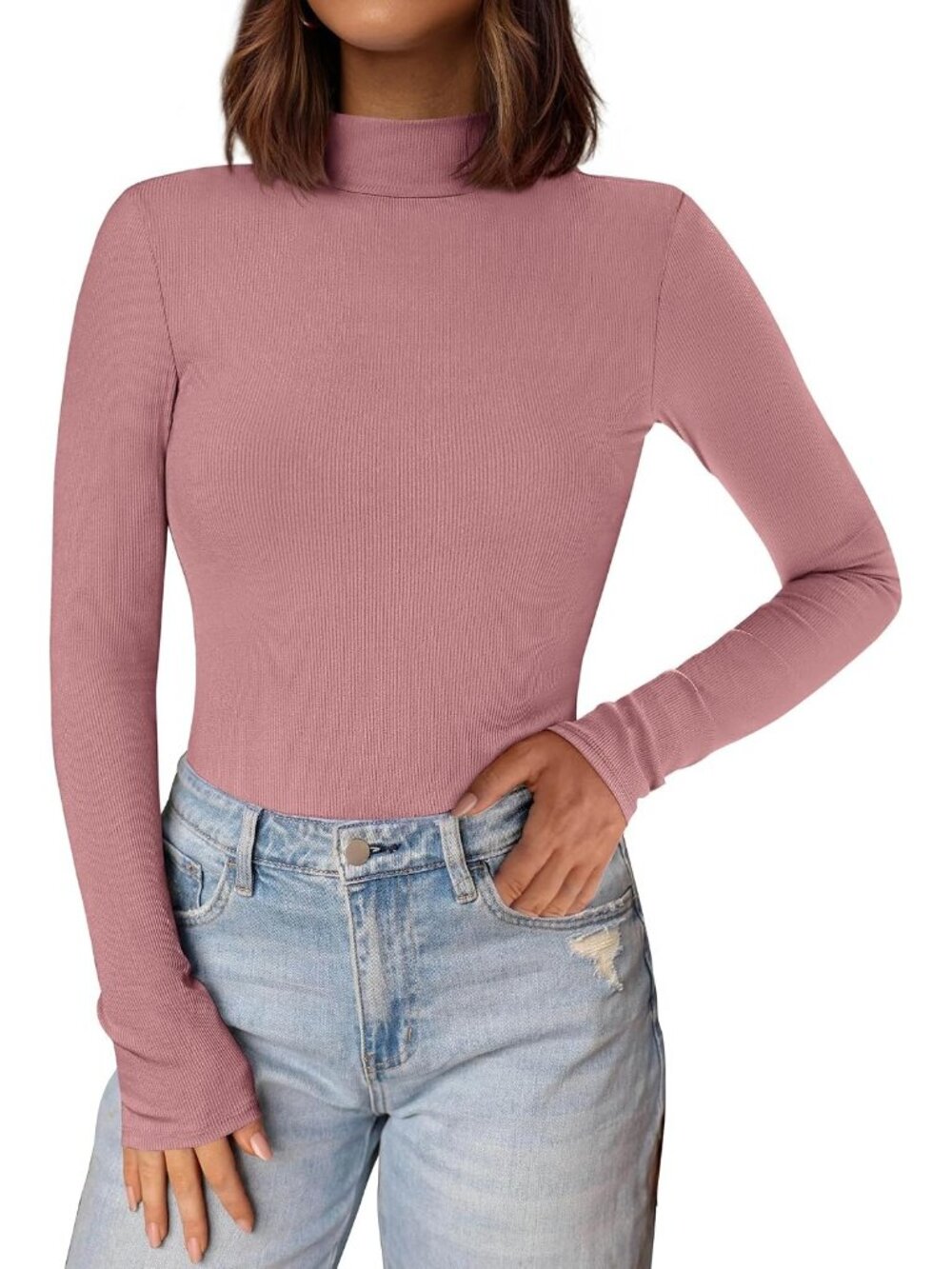 Women Grey Pink Ribbed Knit Mock Turtleneck Long Sleeve Undershirts Slim Fit Top